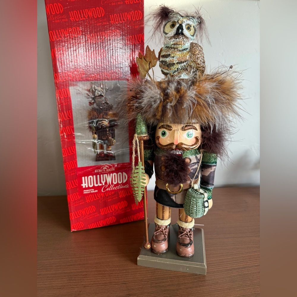 Kurt Adler Nutcracker with Owl and Fur Hat - Green and Brown
